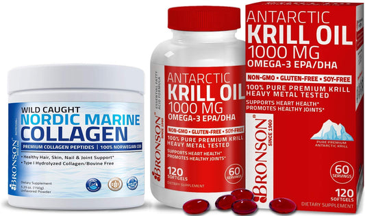 Bronson Marine Collagen Peptides Hydrolyzed Protein Powder + Antarctic Krill Oil 1000 mg with Omega-3s EPA DHA, 1