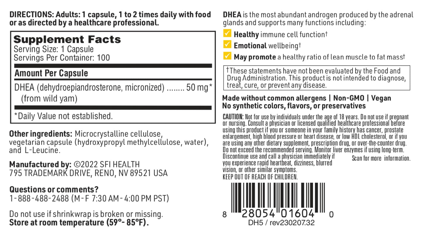 SFI Health DHEA 50mg Dehydroepiandrosterone Derived from Wild Yam Micronized for Superior Absorption Soy-Free Hypoallergenic Supplement for Men & Women, 100 Capsules
