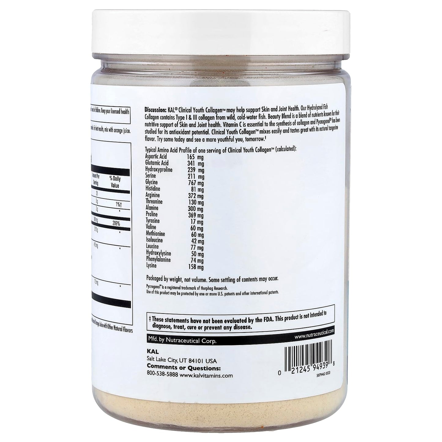 KAL Clinical Youth Collagen Type I & III Tangerine Powder, 10.5 Ounces