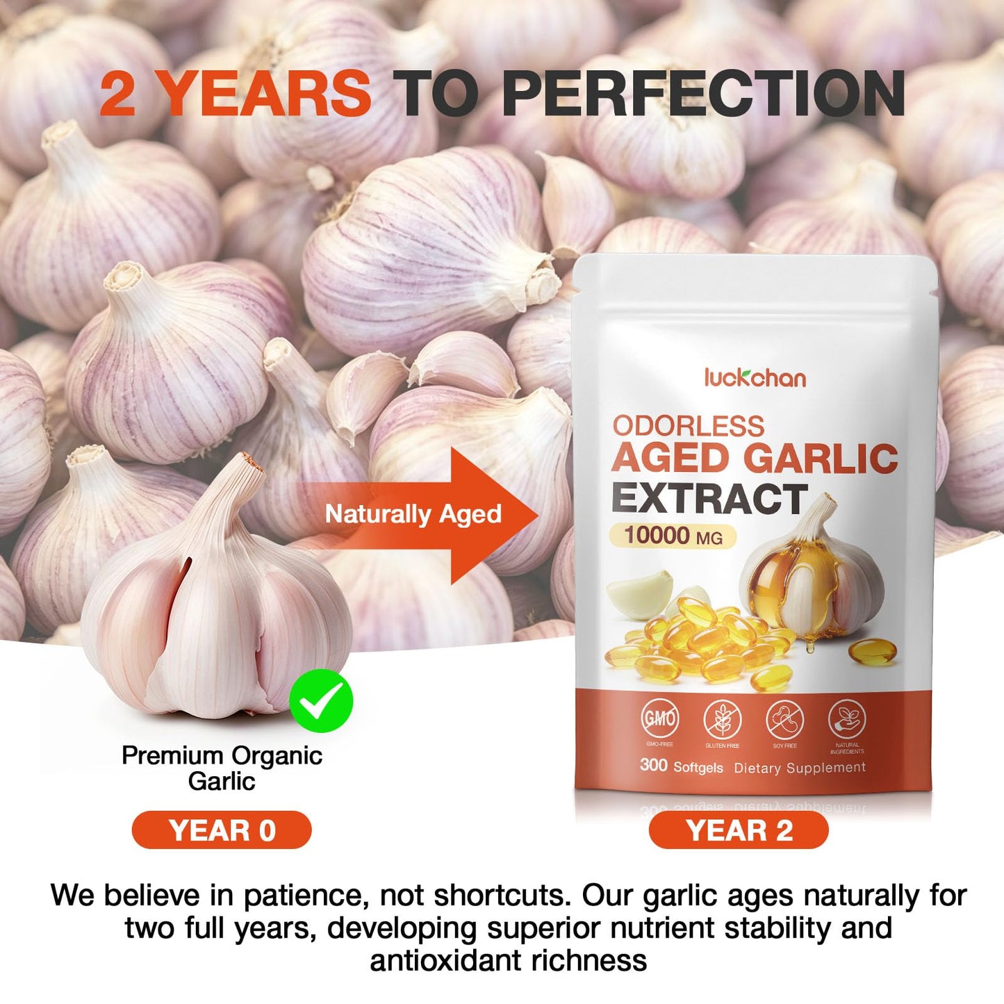 LUCKCHAN Aged Garlic Extract 10000mg High Potency Odorless Garlic Softgels, 300 Count