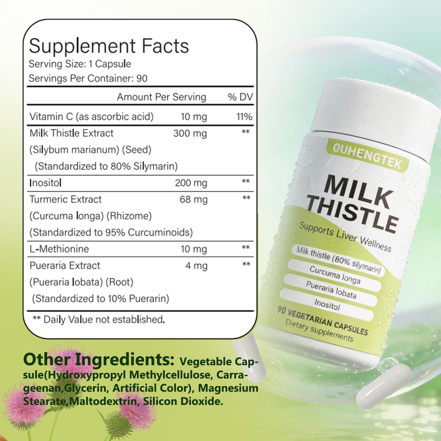 OUHENGTEK Milk Thistle Extract 80% Silymarin 300mg Capsules, Liver Detox & Digestive Support, 90 Count