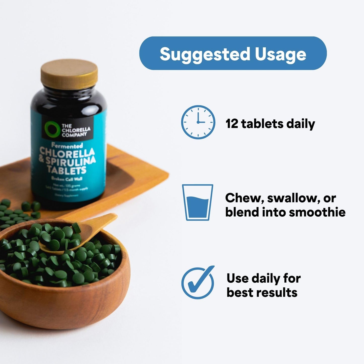 The Chlorella Company Fermented Chlorella & Spirulina Tablets, 1080 Tablets