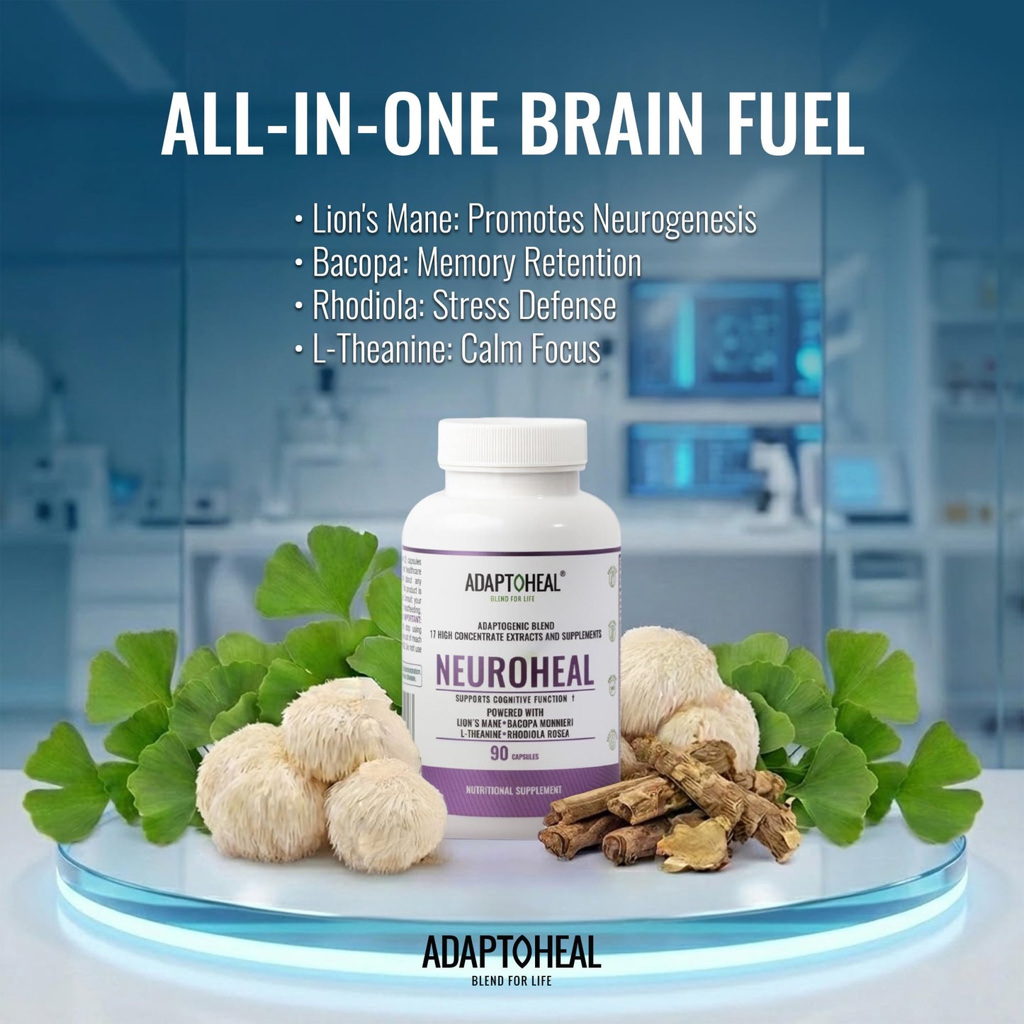 ADAPTOHEAL Neuroheal Cognitive Function Lion's Mane, Bacopa Capsules, 90 Count