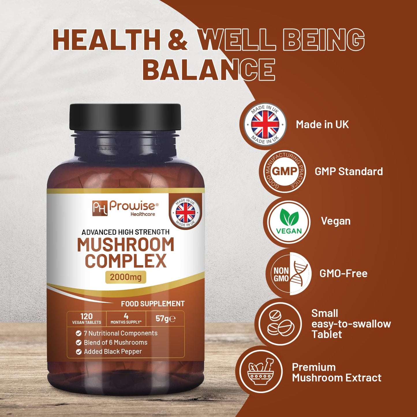 PH PROWISE Healthcare Advanced Mushroom Complex 2000mg 120 Tablets