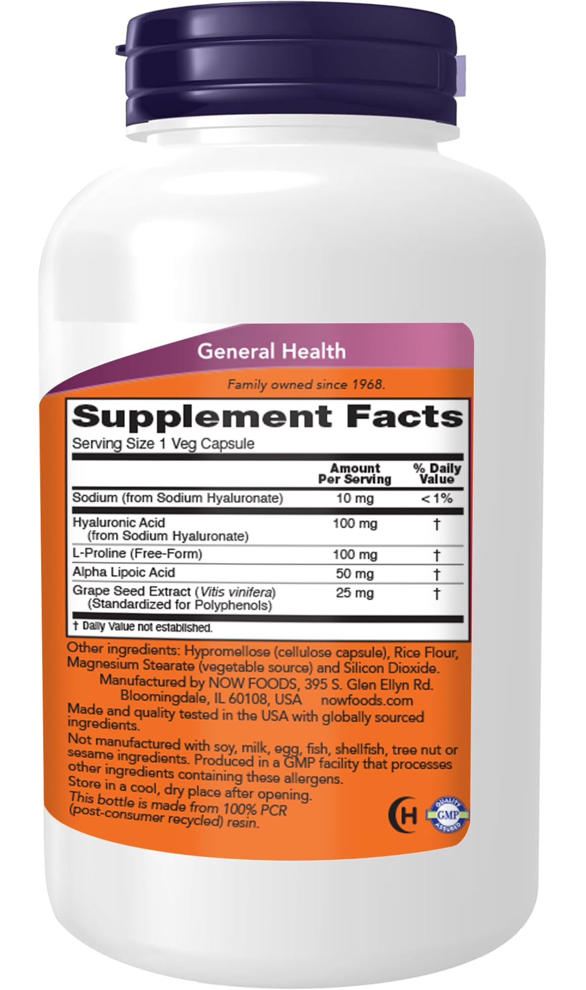 NOW Foods Hyaluronic Acid 100 mg, Double Strength with L-Proline, Alpha Lipoic Acid and Grape Seed Extract, 180 Veg Capsules