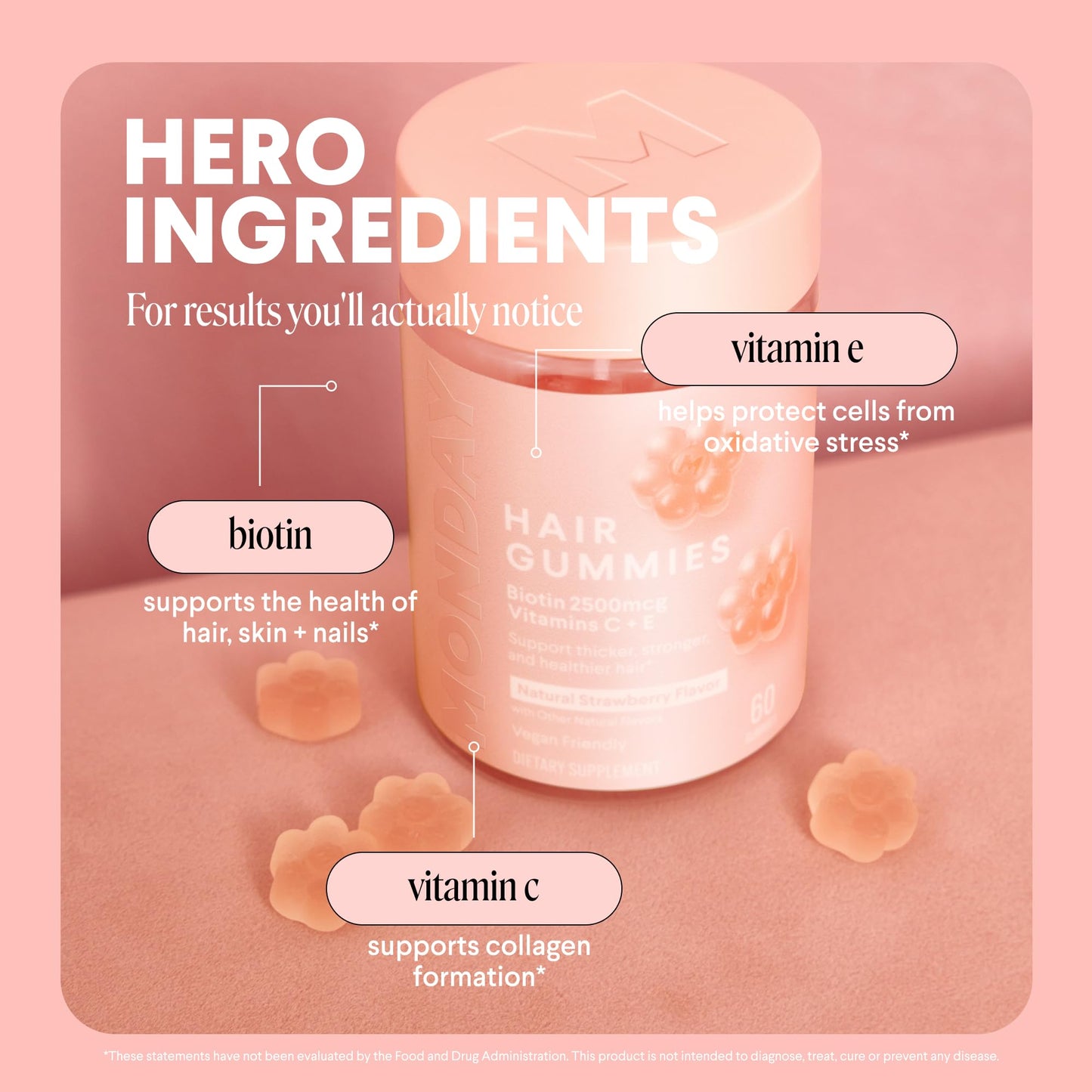 MONDAY HAIRCARE Hair Gummies with Biotin 2500 mcg, Vitamin C & Vitamin E for Thicker, Stronger Hair, 60 Gummies