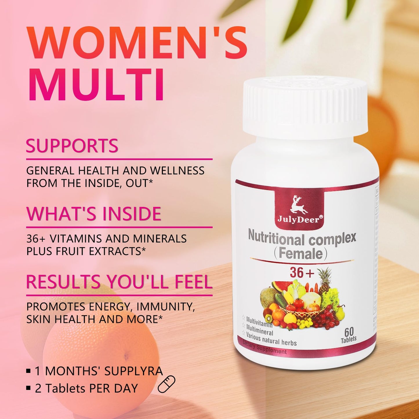 JulyDeer One Daily Multivitamin for Women - Complete Multimineral & Multivitamin with Vitamin A, C, D, E and B-Complex, Zinc & More Vitamins for Immunity, Energy, Hair, Skin & Nails - 60 Tablets