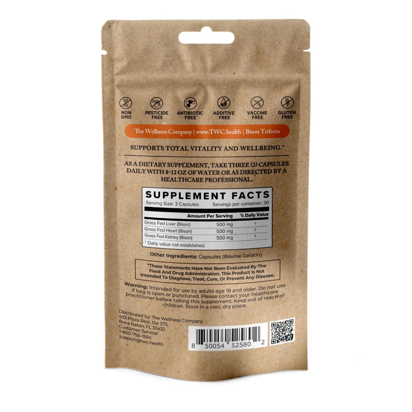 The Wellness Company Bison Trifecta - Super-Bioavailable Multivitamin, Heme Iron, All Natural - Heart, Kidney, Liver, Grass-Fed & Finished, No Vaccines or Hormones, 90 Capsules