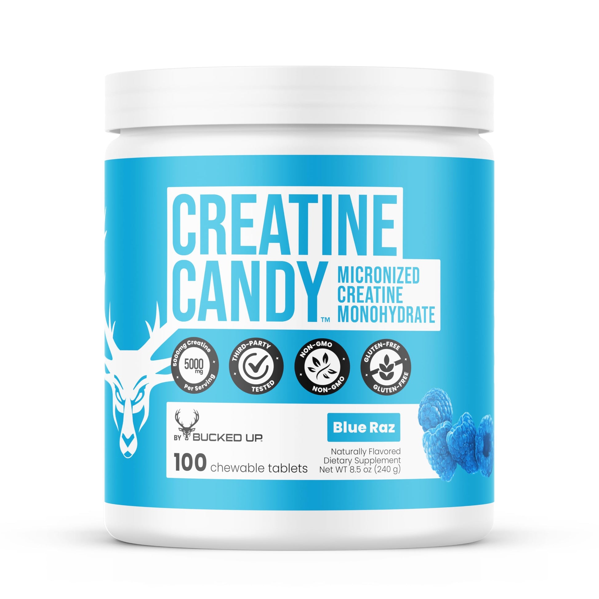 Bucked Up Creatine Candy Blue Raz Micronized Creatine Monohydrate, 24 Tablets