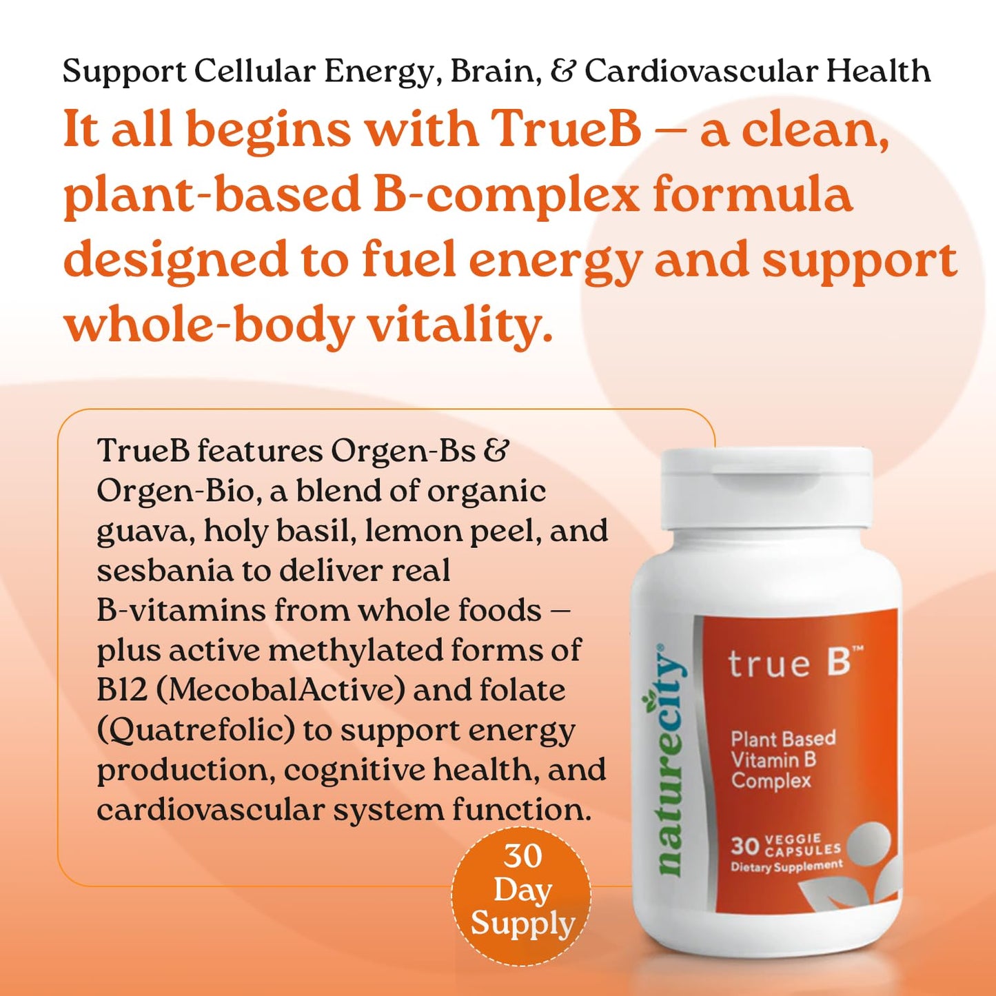 NatureCity True-B Plant-Based Super B Vitamin Complex Supplement Capsules 30