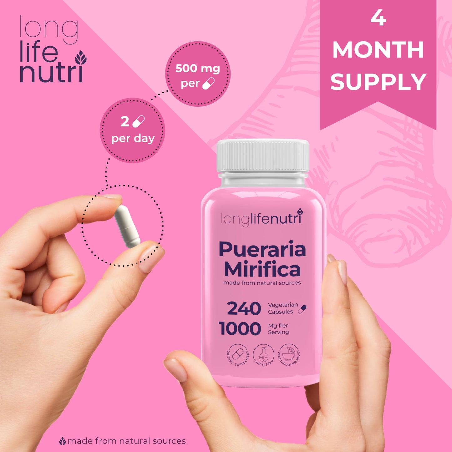LongLifeNutri Pueraria Mirifica Root Extract Capsules, 240 Count