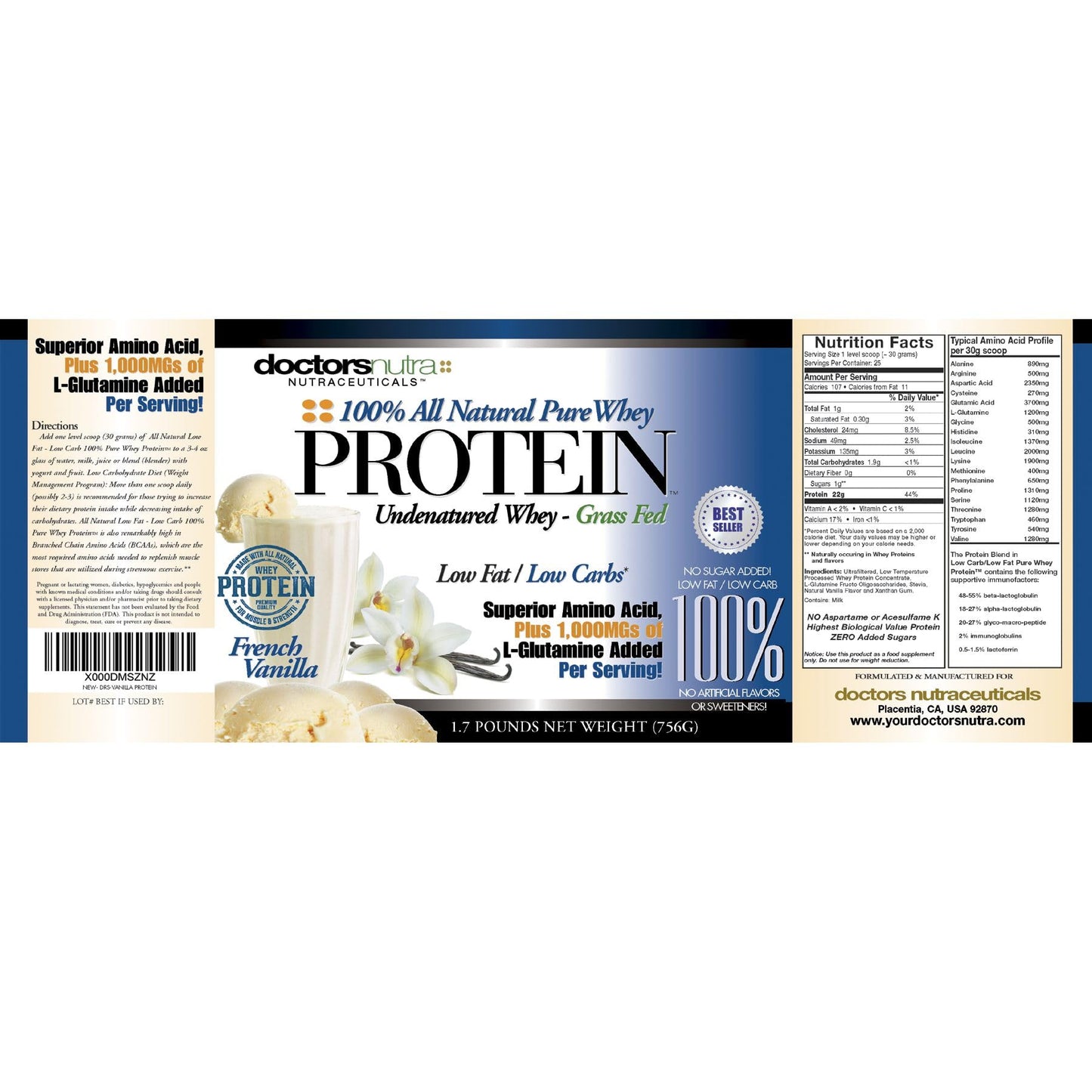 Doctors Nutra Nutraceuticals 100% Pure Undenatured Grass Fed Whey Protein Powder Rich Vanilla Flavor Ultrafiltered with 1000 mg Added L-Glutamine, 2 lb, 32 Servings