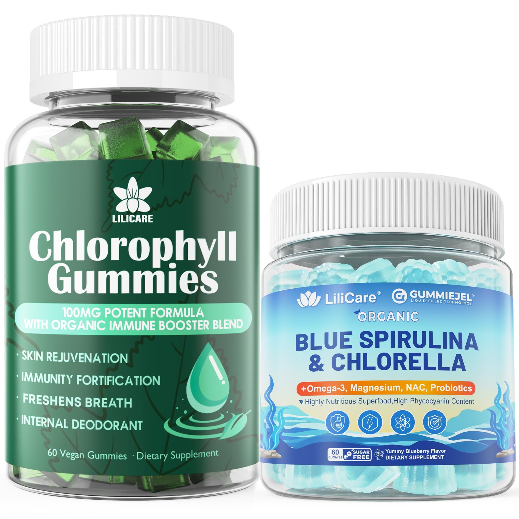 LILICARE Chlorophyll Gummies - Super Green + Organic Blue Spirulina Chlorella, 120 Gummies