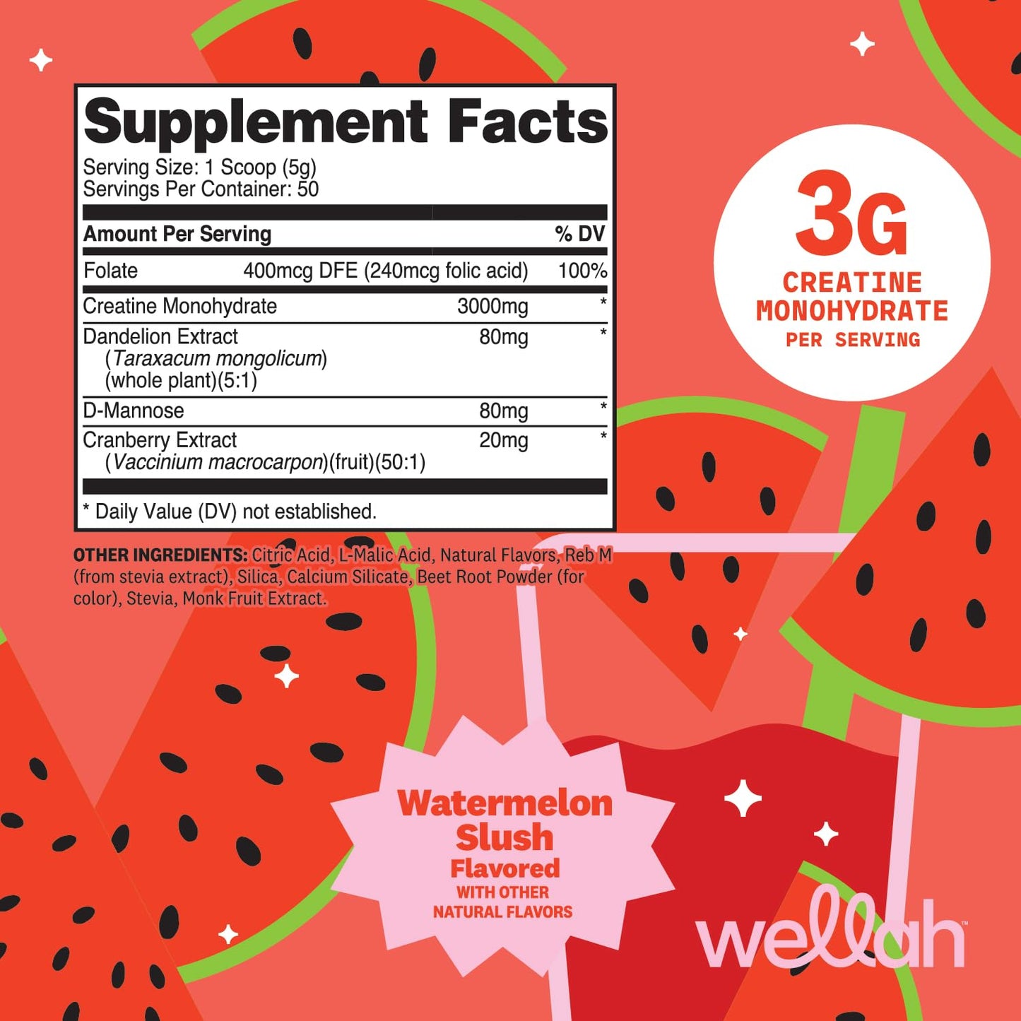 Wellah Creatine for Women Creatine Monohydrate with Dandelion & Cranberry Extract Powder 50 Servings Watermelon Slush