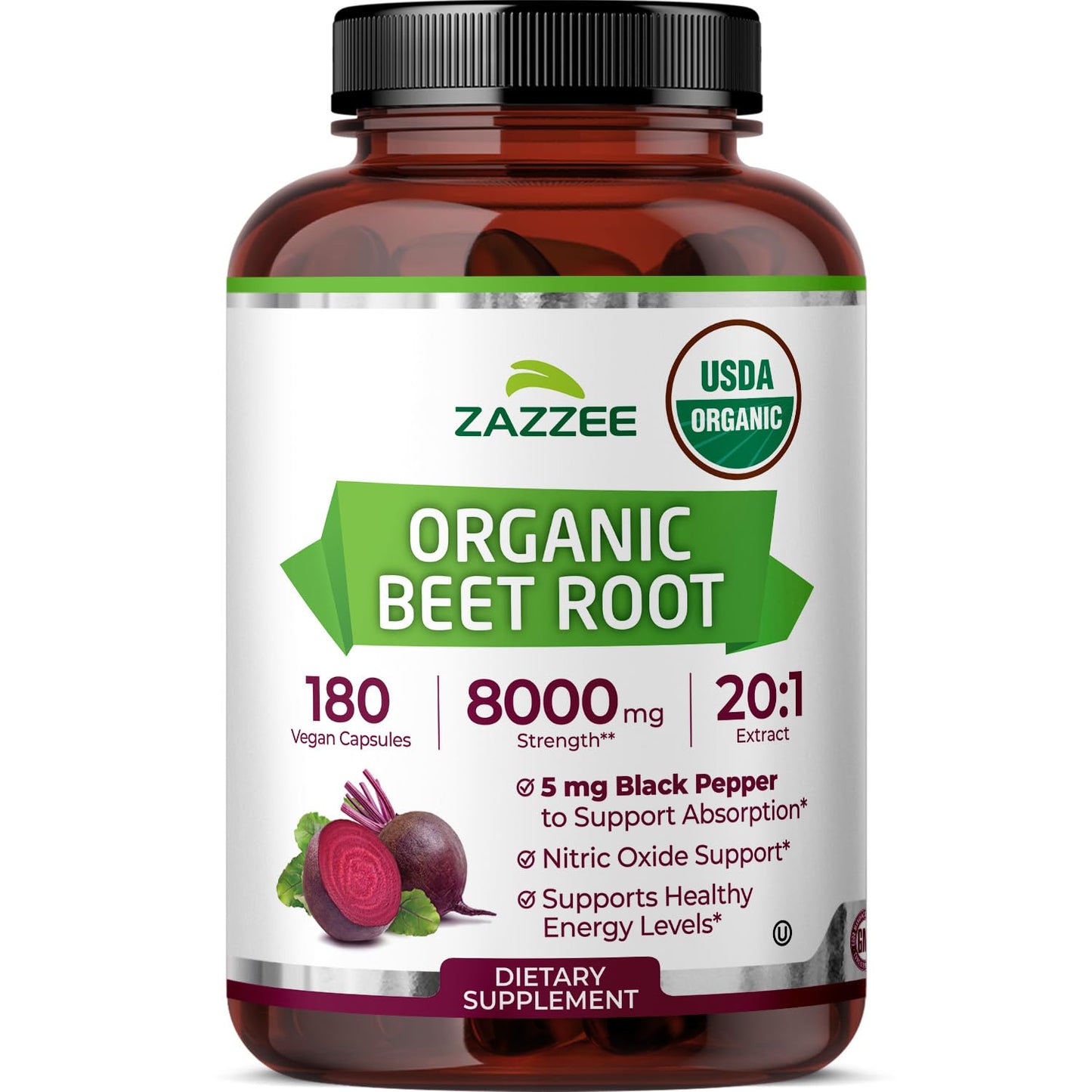 Zazzee USDA Organic Beet Root 20:1 Extract Capsules, 180 Count