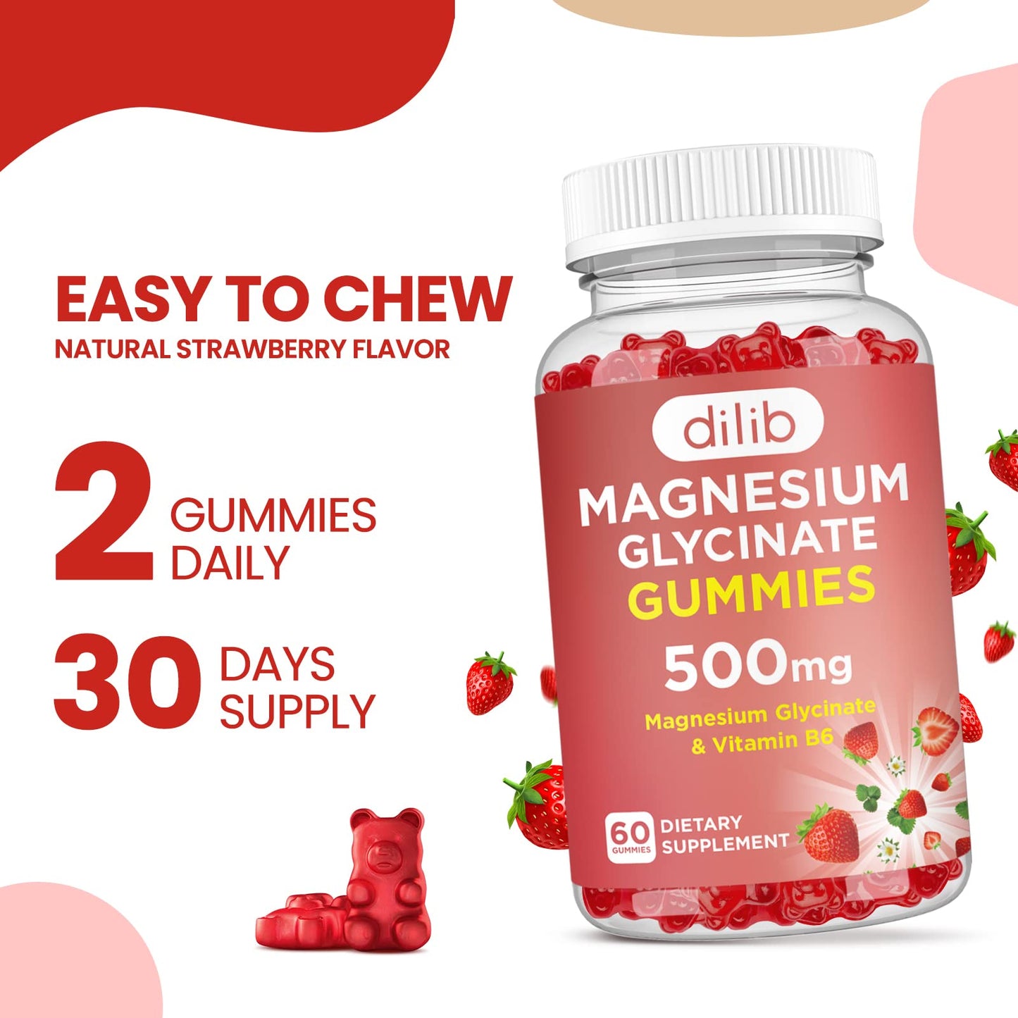 dilib Magnesium Glycinate Gummies 500mg with Vitamin B6, Strawberry Flavor, 120 Gummies