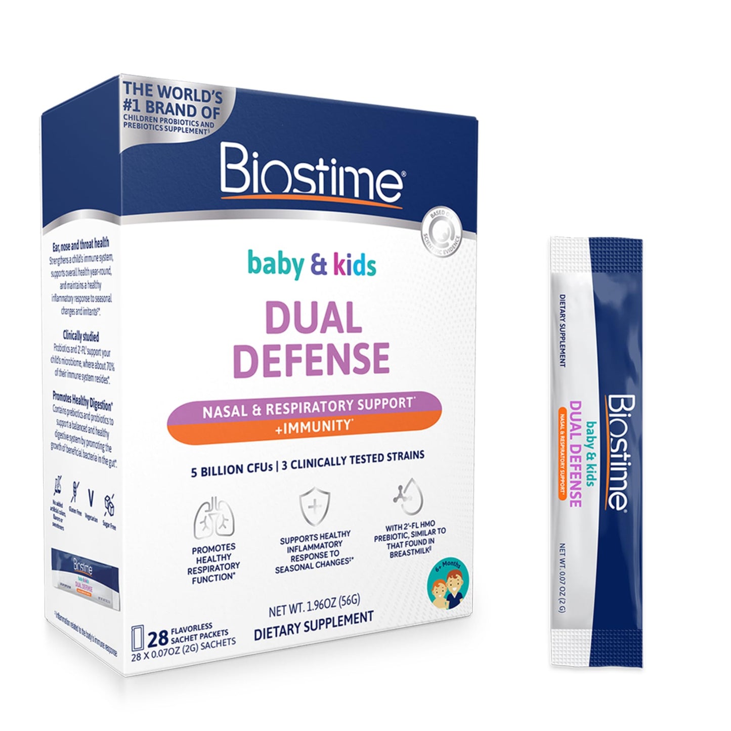Biostime Baby & Kids Dual Defense Nasal & Respiratory Support – Probiotics for Immune Support, 5 Billion CFUs, 2’-FL HMO Prebiotic, Clinically Tested Strains, Powder, Pack of 28