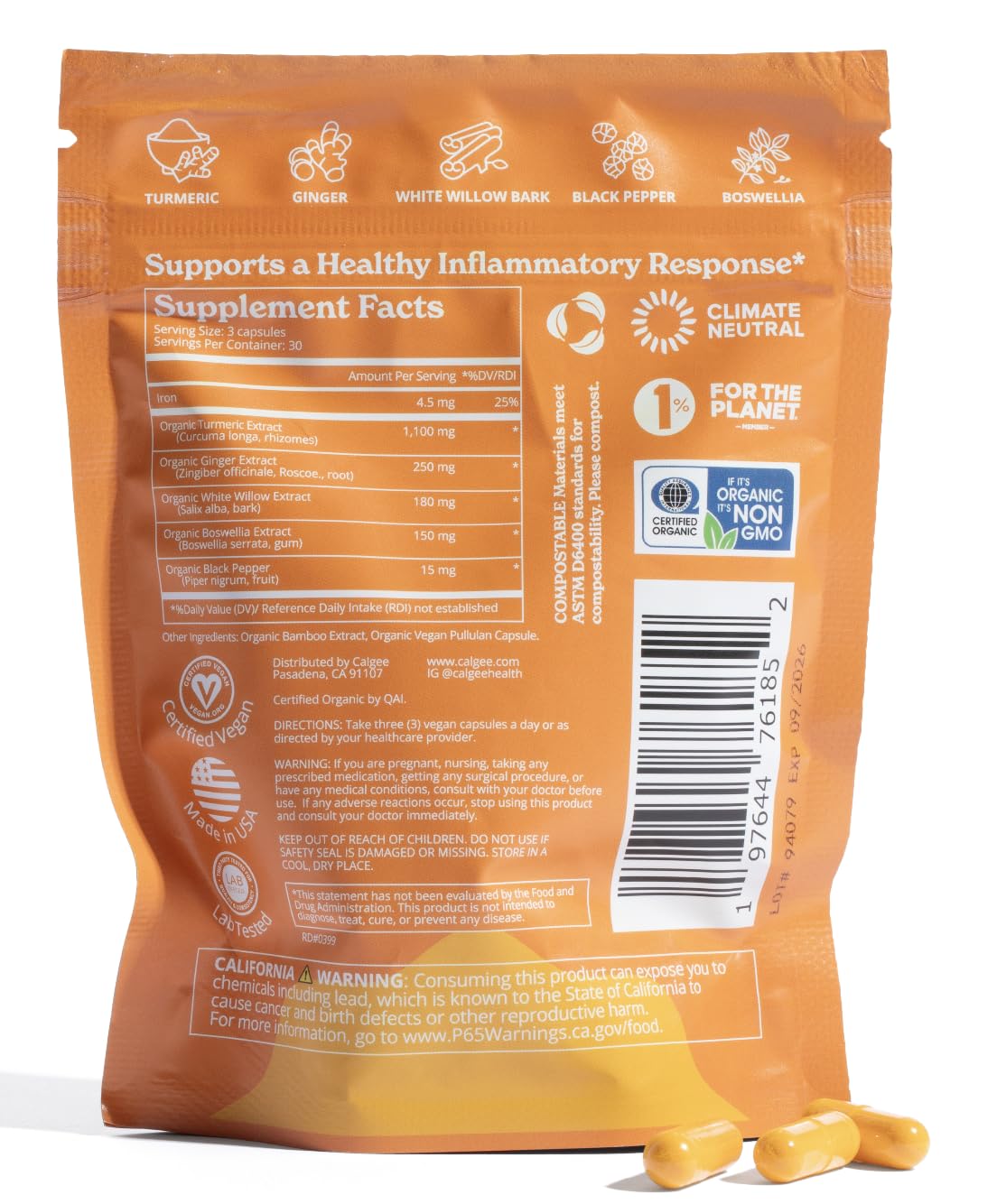 Calgee Organic Turmeric Curcumin Supplement Capsule, 180 Count