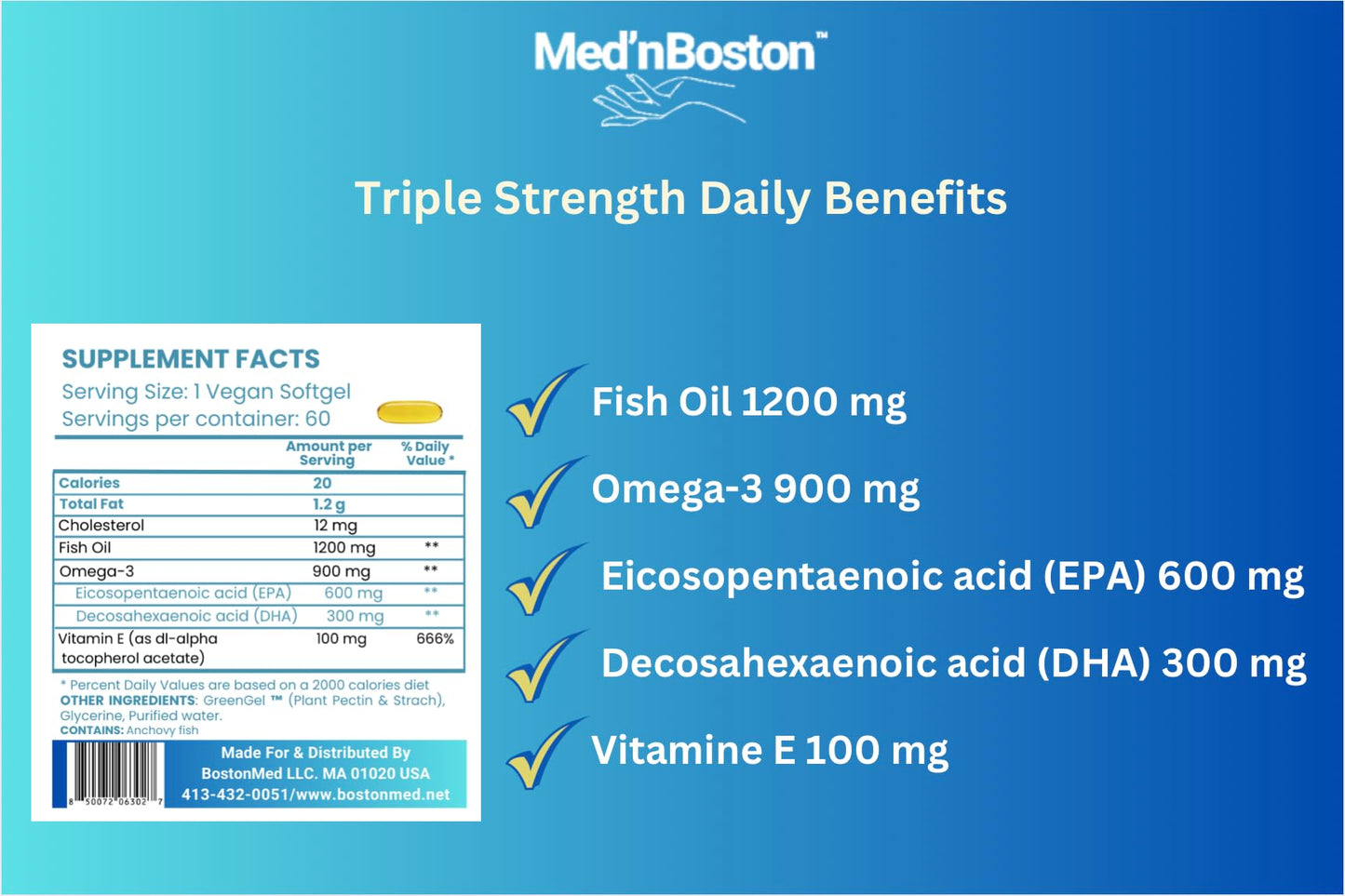Med'nBoston Fish Oil 1200, 900mg Omega-3 with Vitamin E Softgels, 60 Count