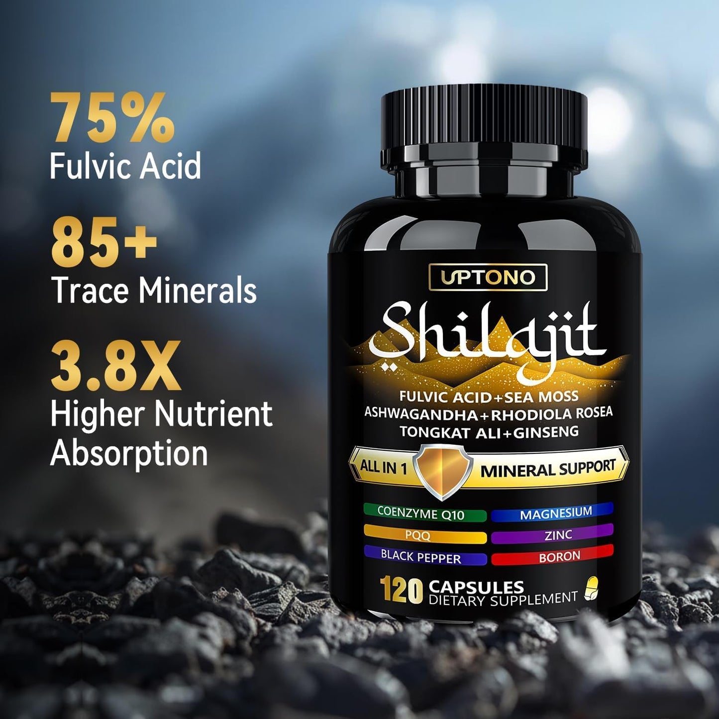 LSOIUX Shilajit 600mg, 10-in-1 Himalayan Formula with Fulvic Acid, 120 Capsules