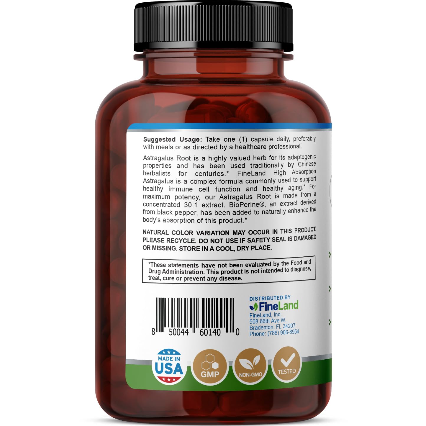 FineLand Astragalus 30:1 Extract, 275 mg - Formula with BioPerine - Non-GMO, 180 Capsules
