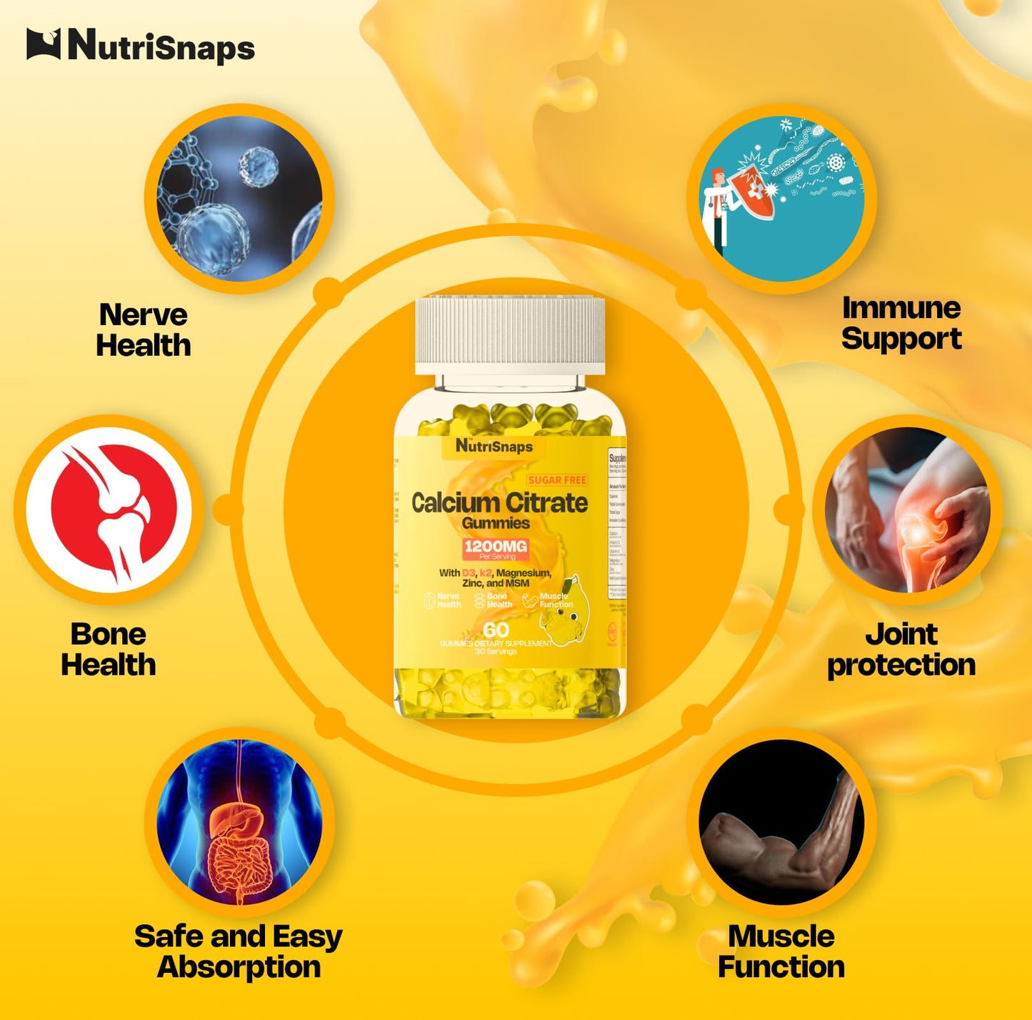 Nutrisnaps Calcium Citrate Gummies 1200mg with Vitamin D3 K2, Magnesium, Zinc, MSM for Men & Women, Ultimate Absorption Calcium Supplement, Vegan, 60 Count