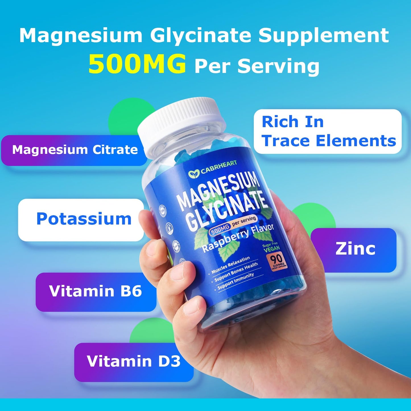 CABRHEART Magnesium Glycinate Gummies 500mg, 90 Count