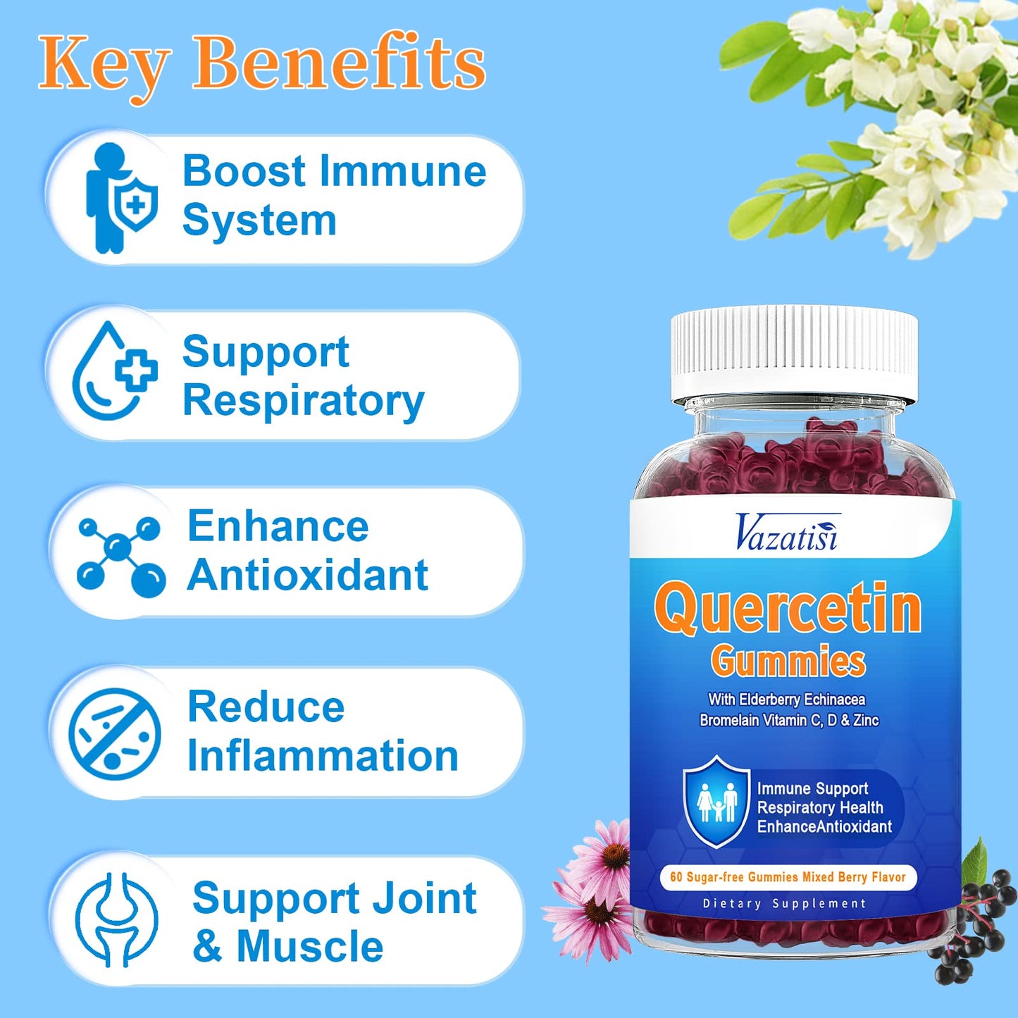 Vazatisi Quercetin with Bromelain Gummies, Vitamin C, Zinc & Elderberry for Immune Support, Mixed Berry, 120 Gummies