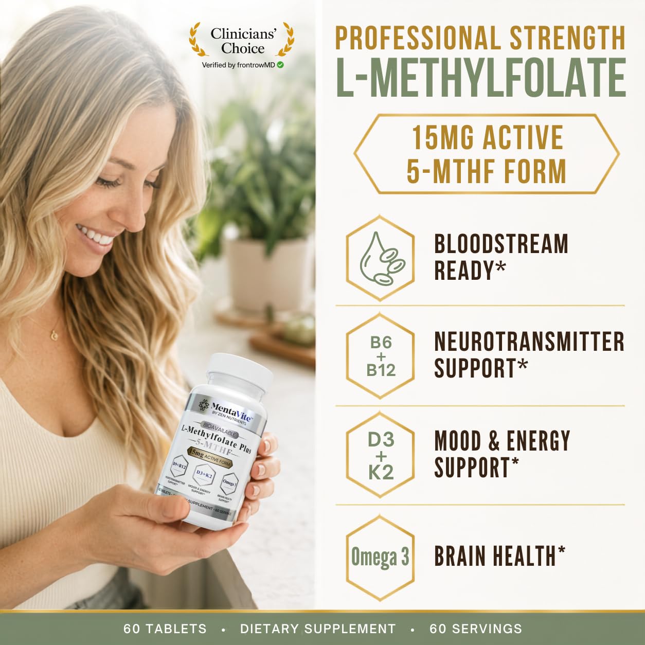 Zen Nutrients L-Methylfolate 15 mg Liposomal Matrix - Active 5-MTHF with Methylcobalamin (B12), B9, Omega 3, D3 + K2 - Methyl Folate Supplement Supports Mood, Methylation, Cognition, Vegan, 60 Tablets