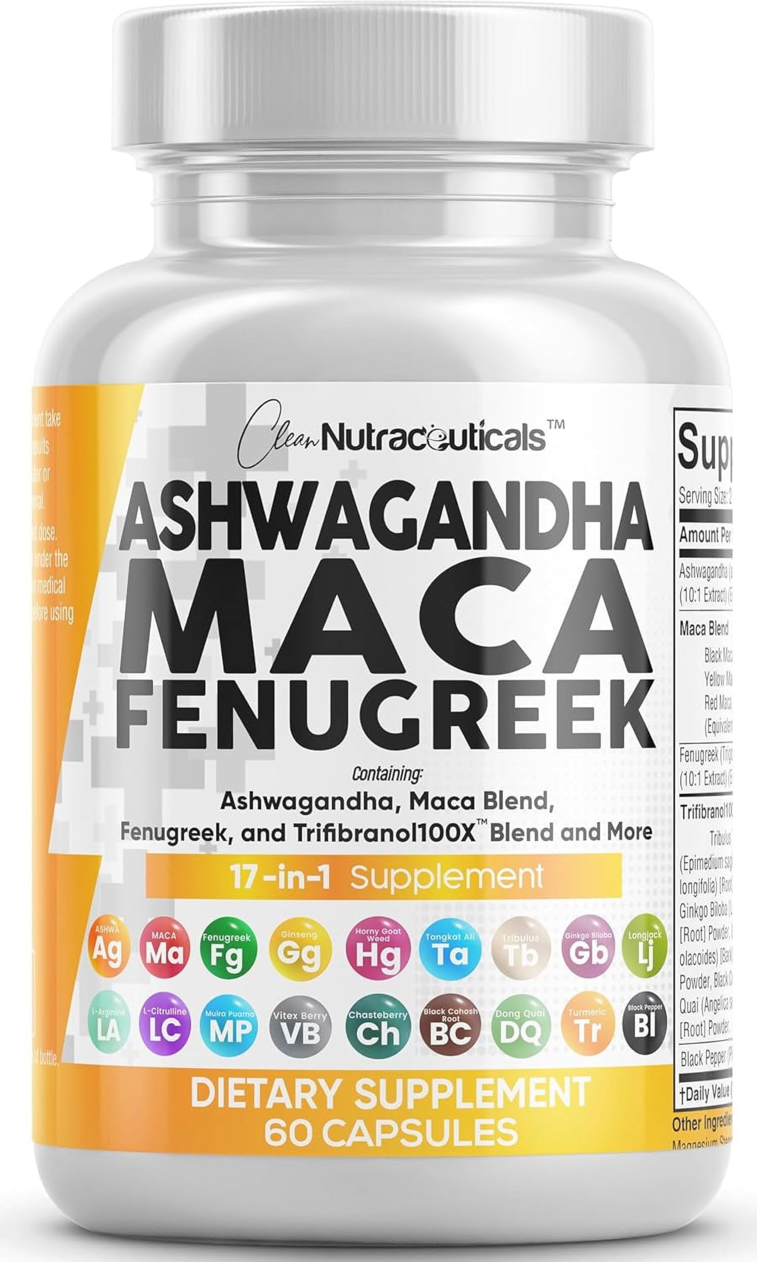 Clean Nutraceuticals Ashwagandha Maca Root Fenugreek Supplement with Tongkat Ali Ginseng Capsule, 60 Count