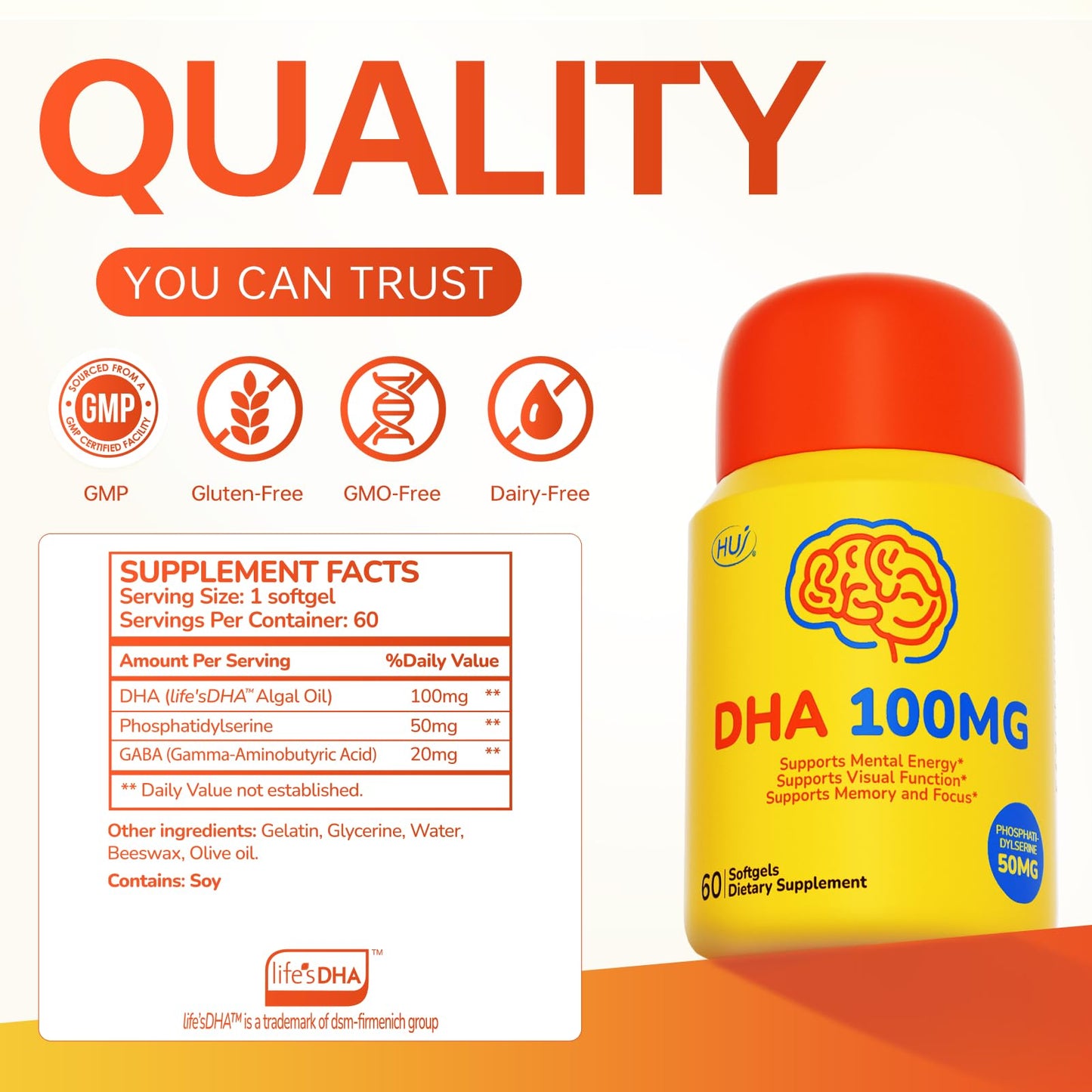 HUJ DHA 100mg Kids DHA Supplement Algal Oil Softgels, 60 Count