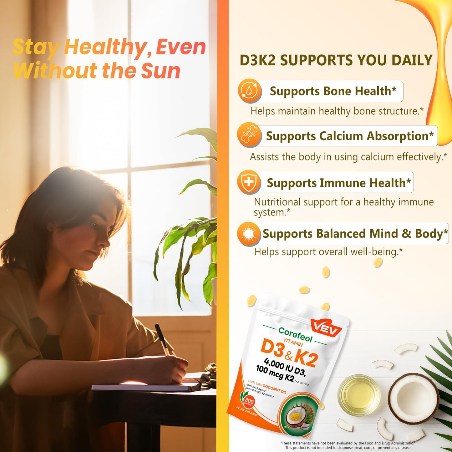 VEV Vitamin D3 K2 4000 IU, 100 mcg MK-7 with Coconut Oil Softgels, 300 Count