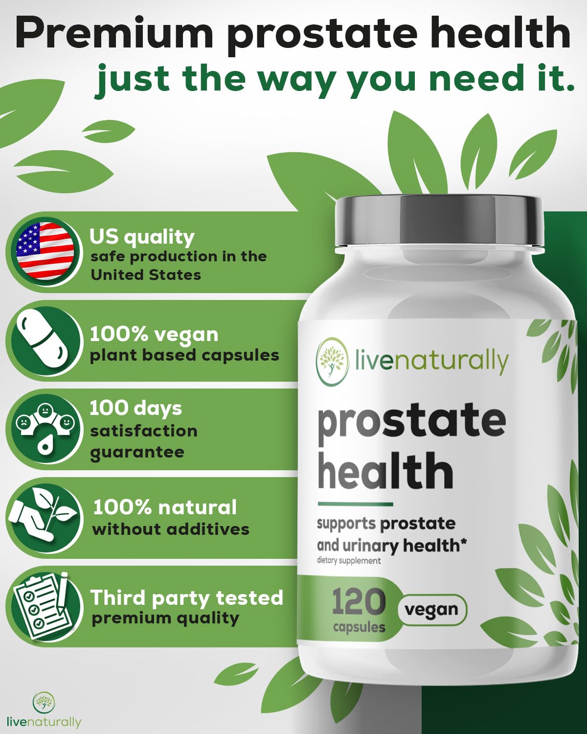 livenaturally Prostate Health Supplement for Men, Advanced Formula with Saw Palmetto, Pumpkin Seed, Stinging Nettle Root, Zinc, Selenium and Vitamin E, 120 Capsules