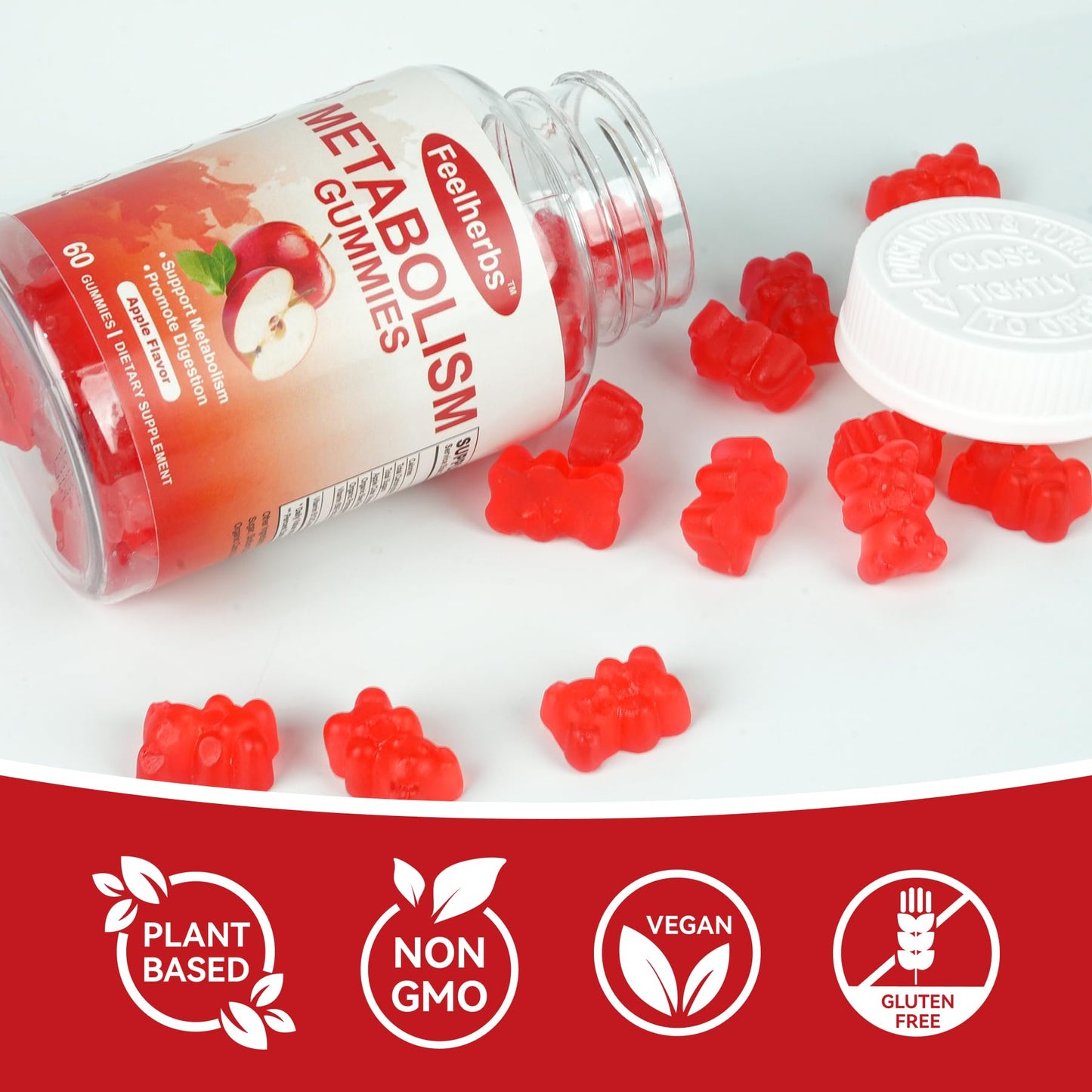 Feelherbs Metabolism Gummies for Women and Men Digestion & Energy, Apple Cider Vinegar Gummies with Vitamin B12 & Beet Root, 60 Gummies