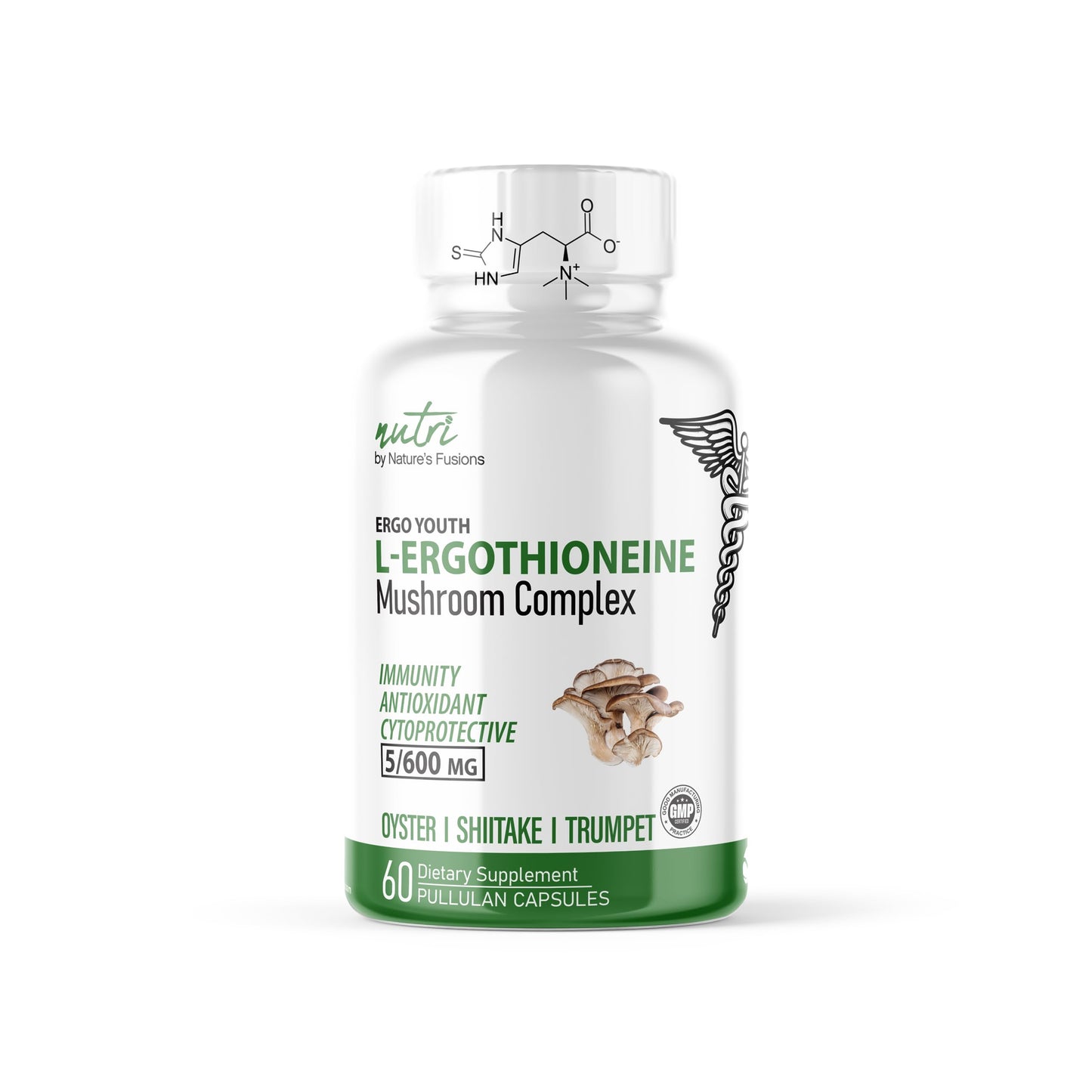 Nature's Fusions Nutri L Ergothioneine Supplements with Organic Mushroom Complex - 5mg & 600mg Mushroom Extracts, Oyster, Shiitake, King Trumpet 600 mg Capsules, 60 Count