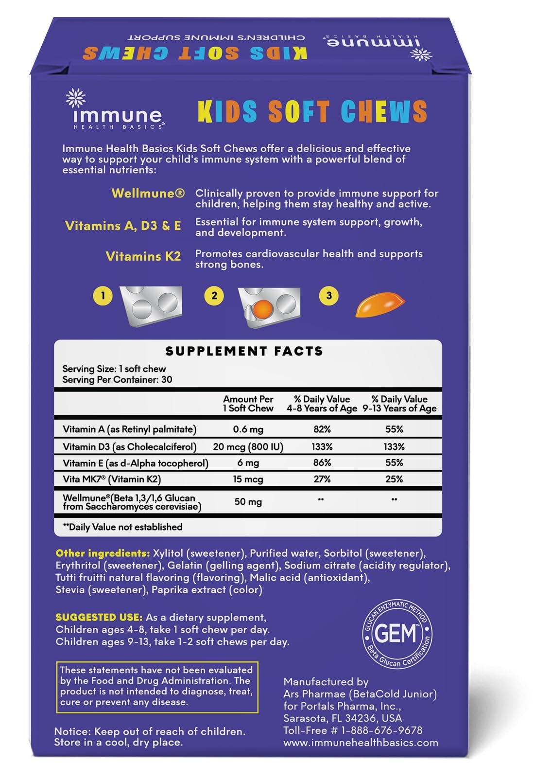 Immune Health Basics Kids Soft Chews with Wellmune Natural Beta Glucan, 30 Soft Chews