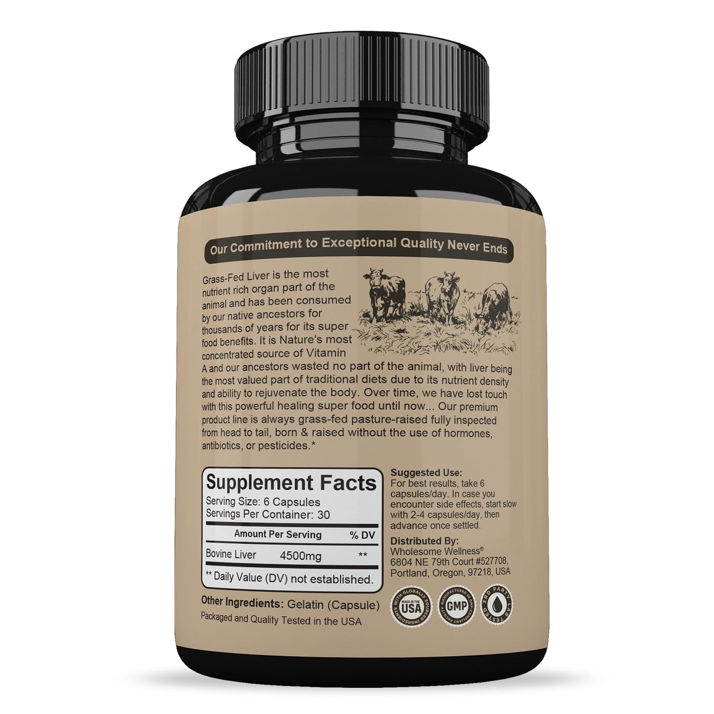 Wholesome Wellness Grass Fed Desiccated Beef Liver Capsules (750mg Each) 180 Count