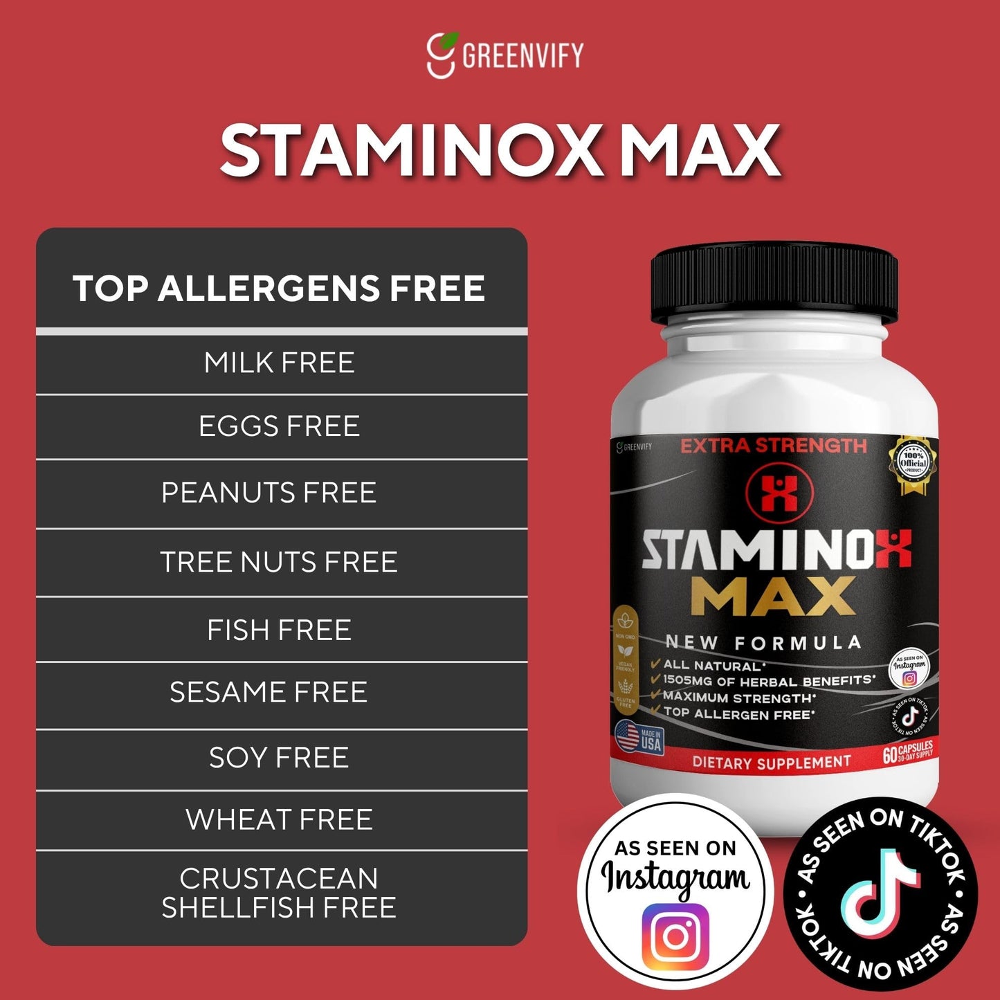 GREENVIFY StaminoX Max Dietary Supplement, Herbal Blend, Organic Maca Root, 60 Capsules