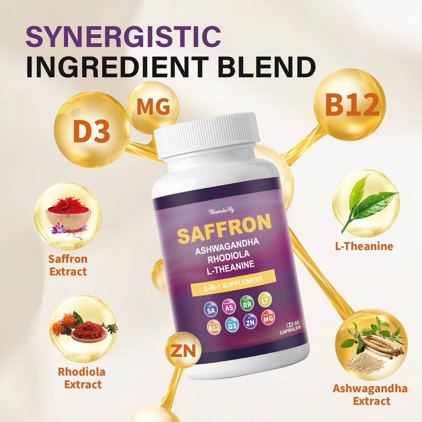 Theronika Aly Saffron Supplements with Ashwagandha, Rhodiola, Magnesium, L-Theanine, Zinc & B12, 88.5 mg Pure Saffron Extract Capsules, 60 Capsules