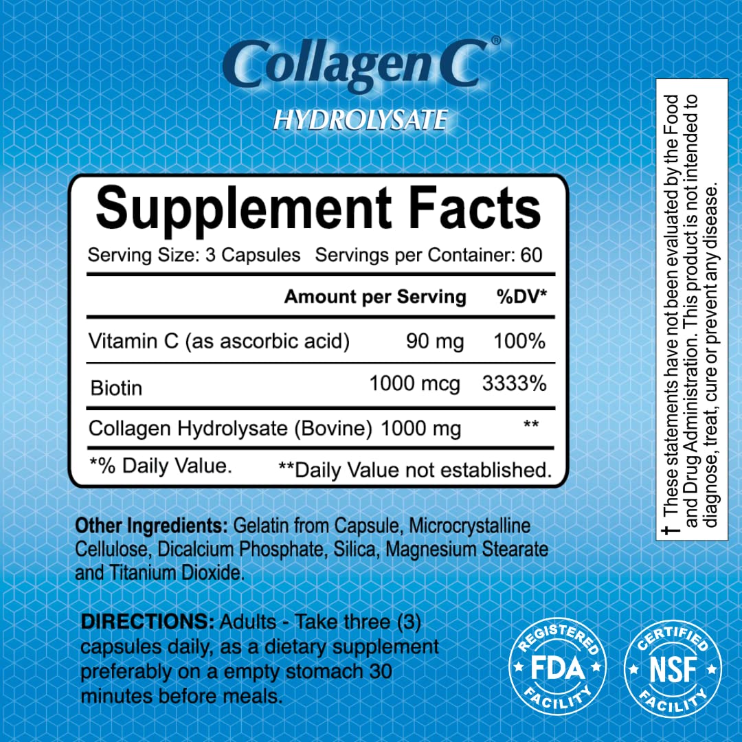 ALFA VITAMINS CollagenC Collagen Hydrolysate with Biotin - Anti-Aging Nutritional Supplement for Skin, Nails & Hair Rejuvenation - Supports Bone & Muscle - Made in USA, 180 Capsules