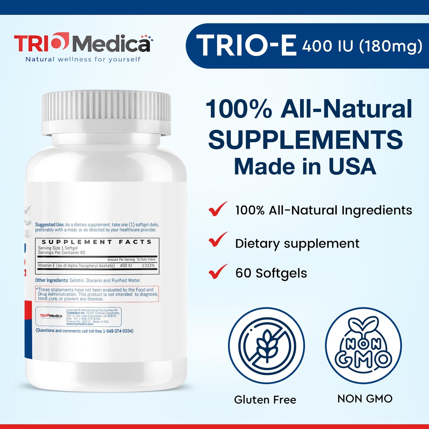TRIOMEDICA Trio-E 400 IU Vitamin E dl-Alpha Softgels, 60 Count