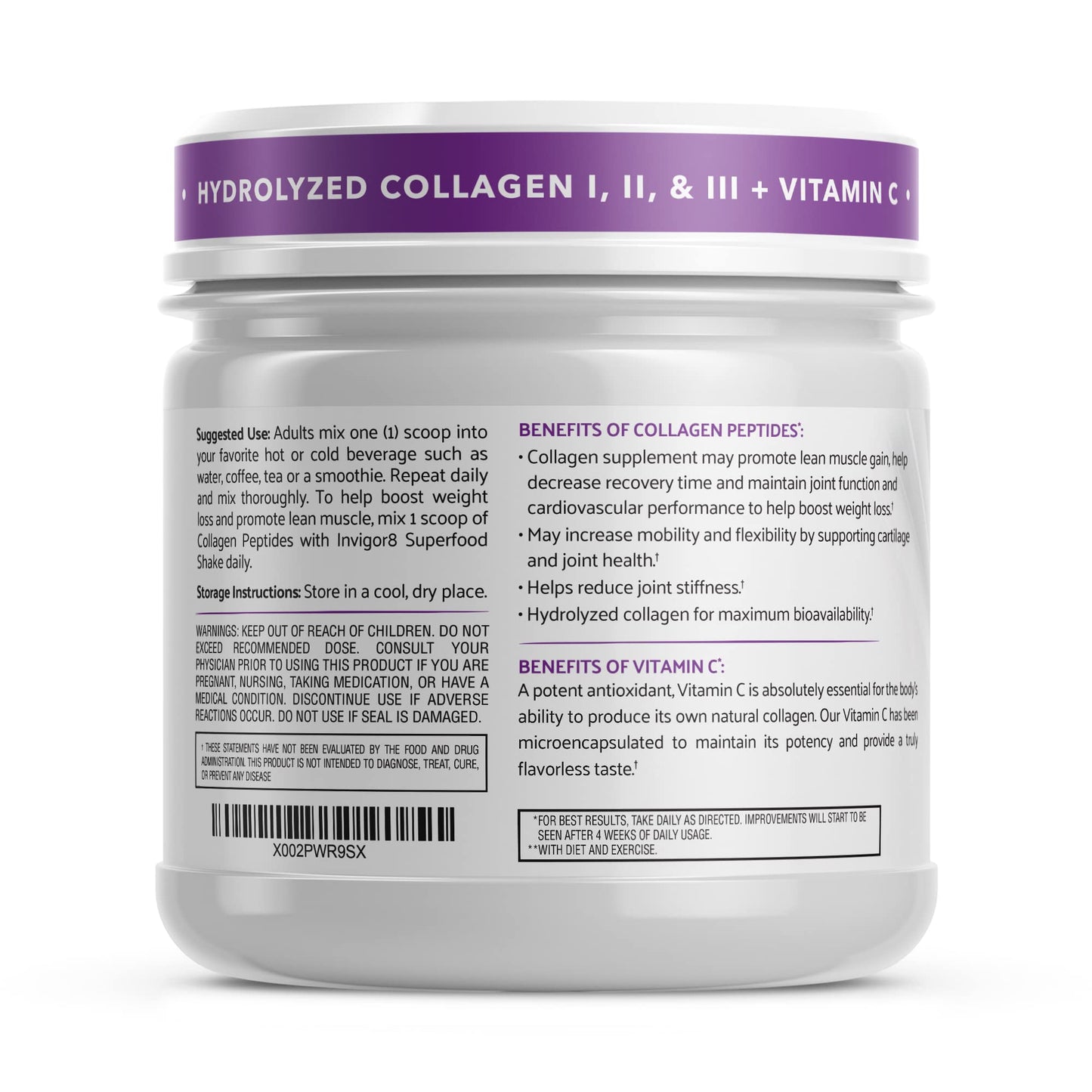 INVIGOR8 Collagen Peptides Powder Hydrolyzed with Vitamin C Type I, II, & III, Unflavored Non-GMO Grass-Fed 13.1 Ounce