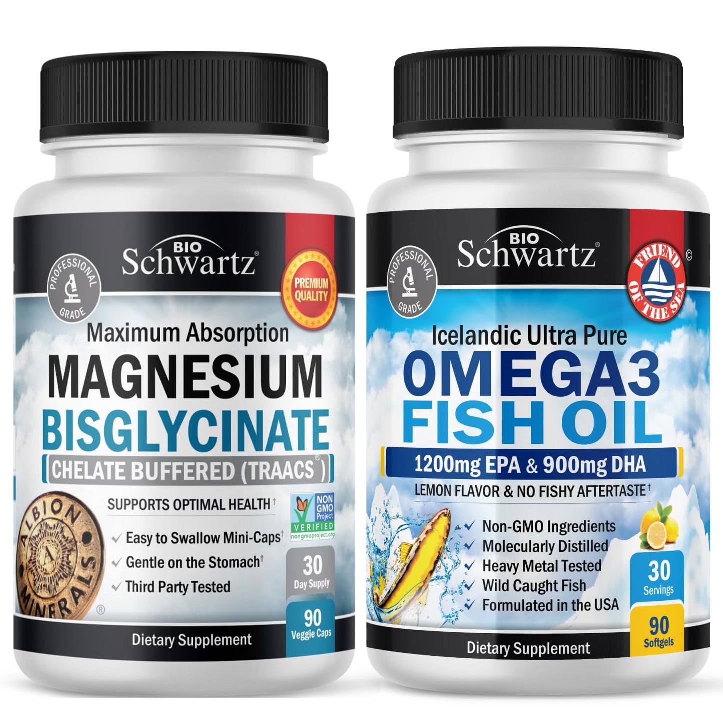 BioSchwartz Magnesium Bisglycinate + Omega 3 Fish Oil Capsule Bundle, 270 Capsules