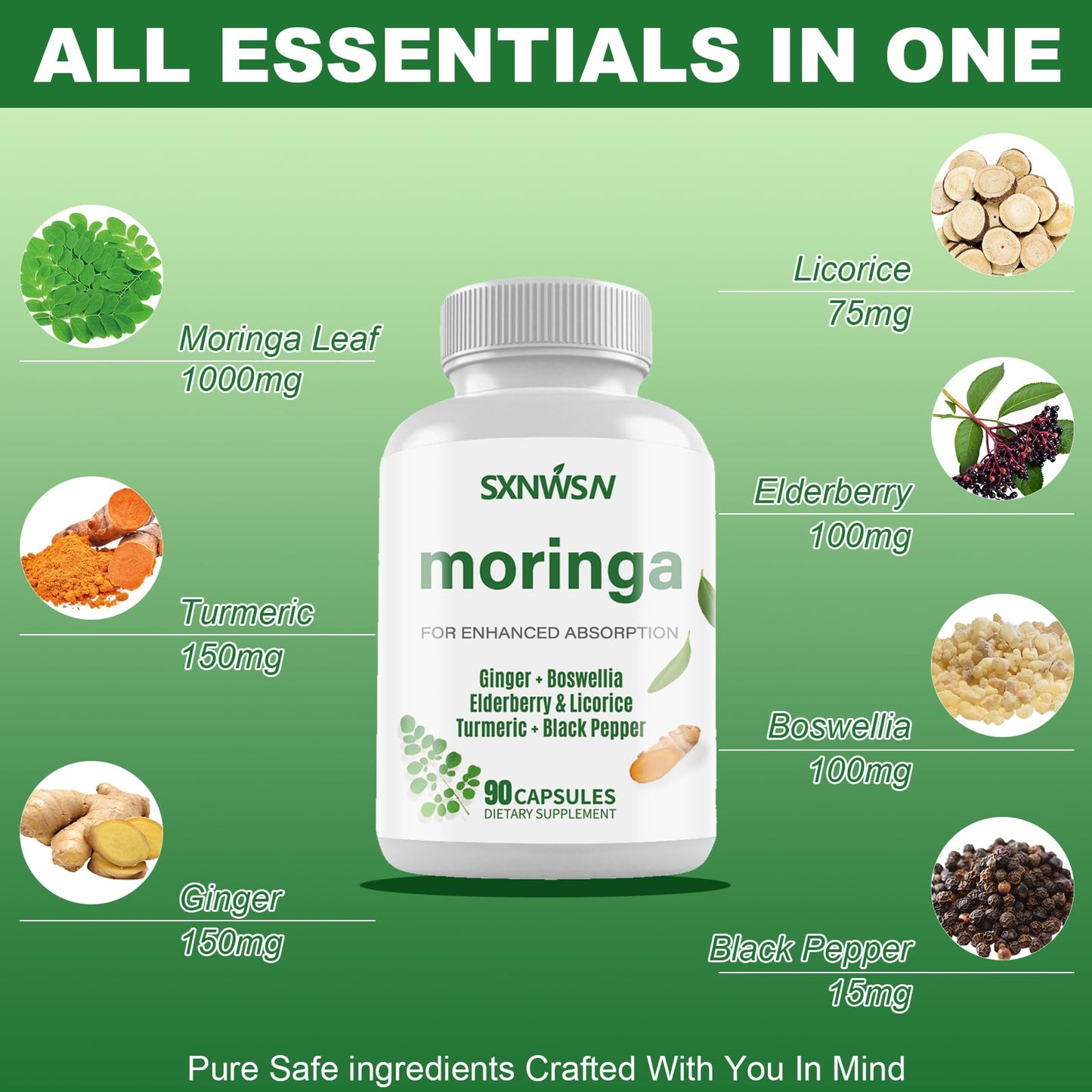 SXNWSN Moringa Capsules 1000mg with Turmeric, Ginger, Elderberry, Licorice & Boswellia, 90 Capsules