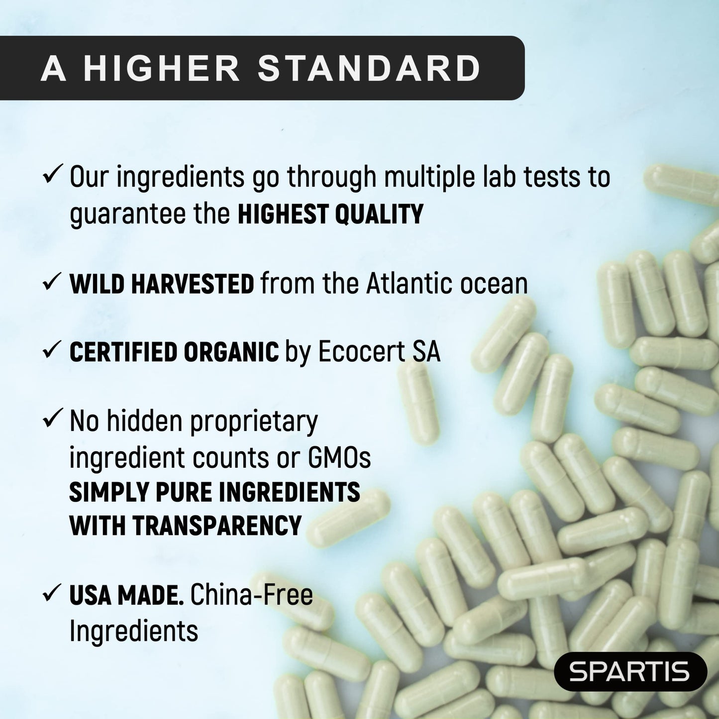 SPARTIS Certified Organic Sea Moss Capsules 2250mg Wildcrafted Irish Sea Moss with Burdock Root and Bladderwrack, 180 Capsules
