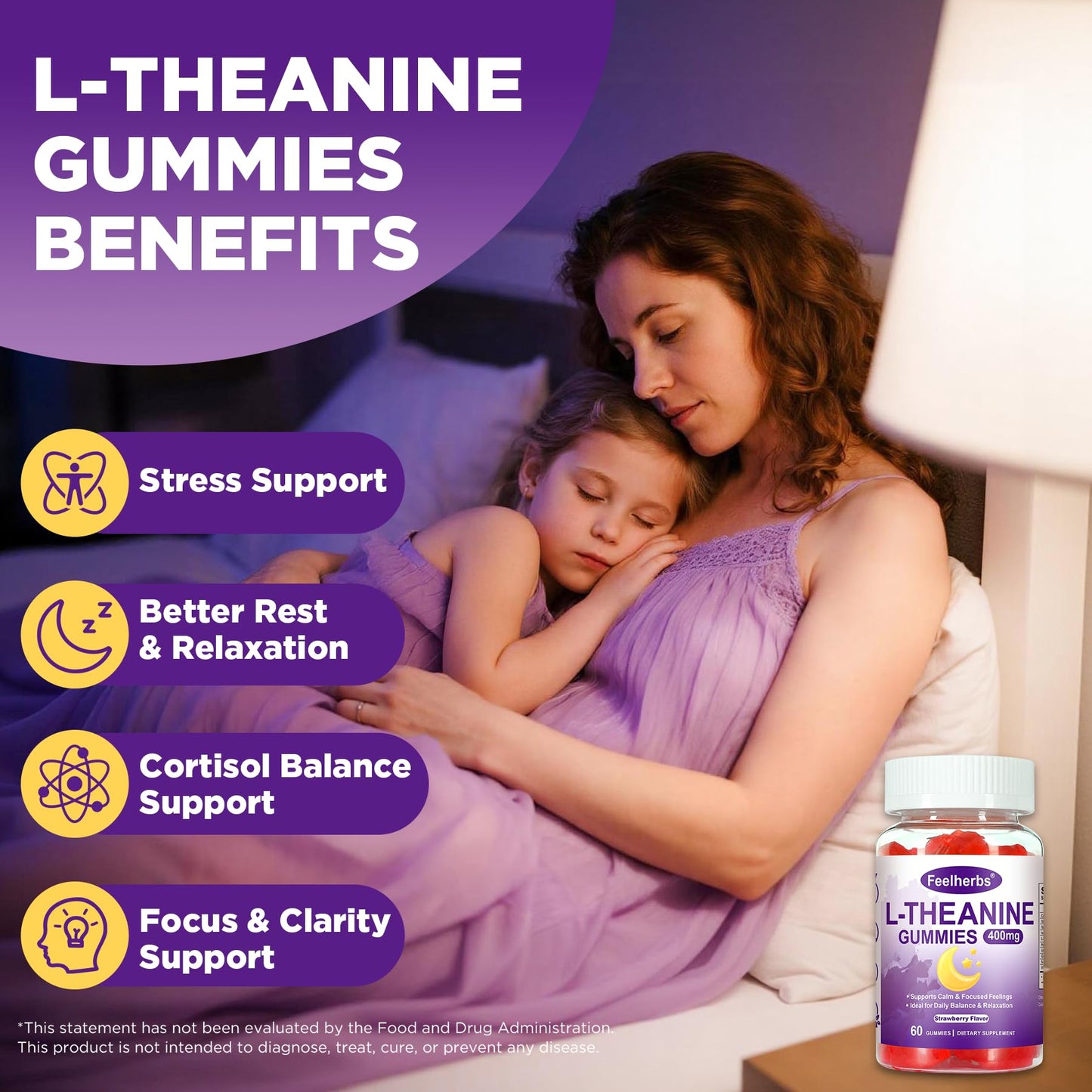 Feelherbs Ashwagandha L-Theanine Gummies 400mg for Women Zzz & Relaxation, Strawberry Flavor, 60 Count
