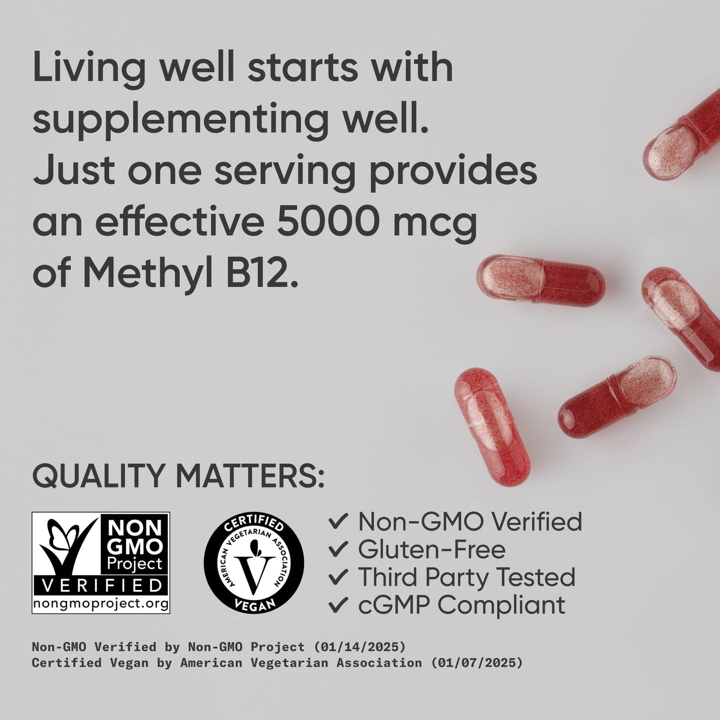 Sports Research Vitamin B12 as Methylcobalamin 5000mcg High Potency Vegan B12 with Coconut MCT Oil for Energy Metabolism Support Vegan Certified Non-GMO Gluten Free, 120 Capsules