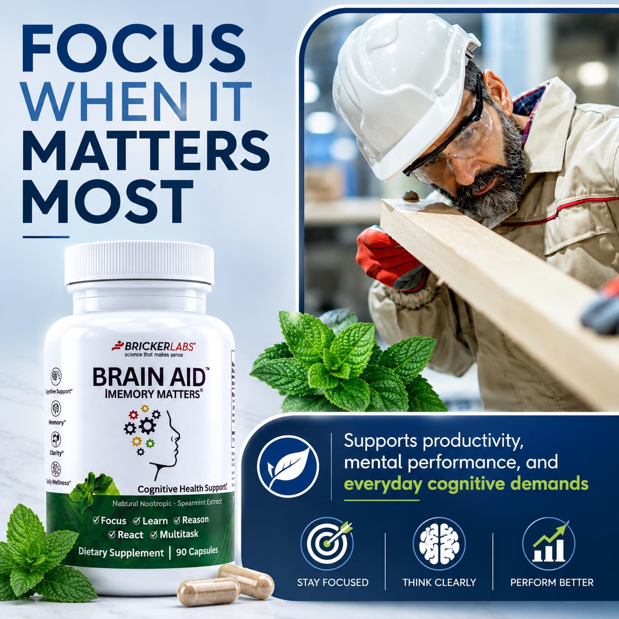 Bricker Labs Brain Aid Memory Matters Nootropic Brain Supplement with Neumentix Spearmint Extract Capsules, 90 Count