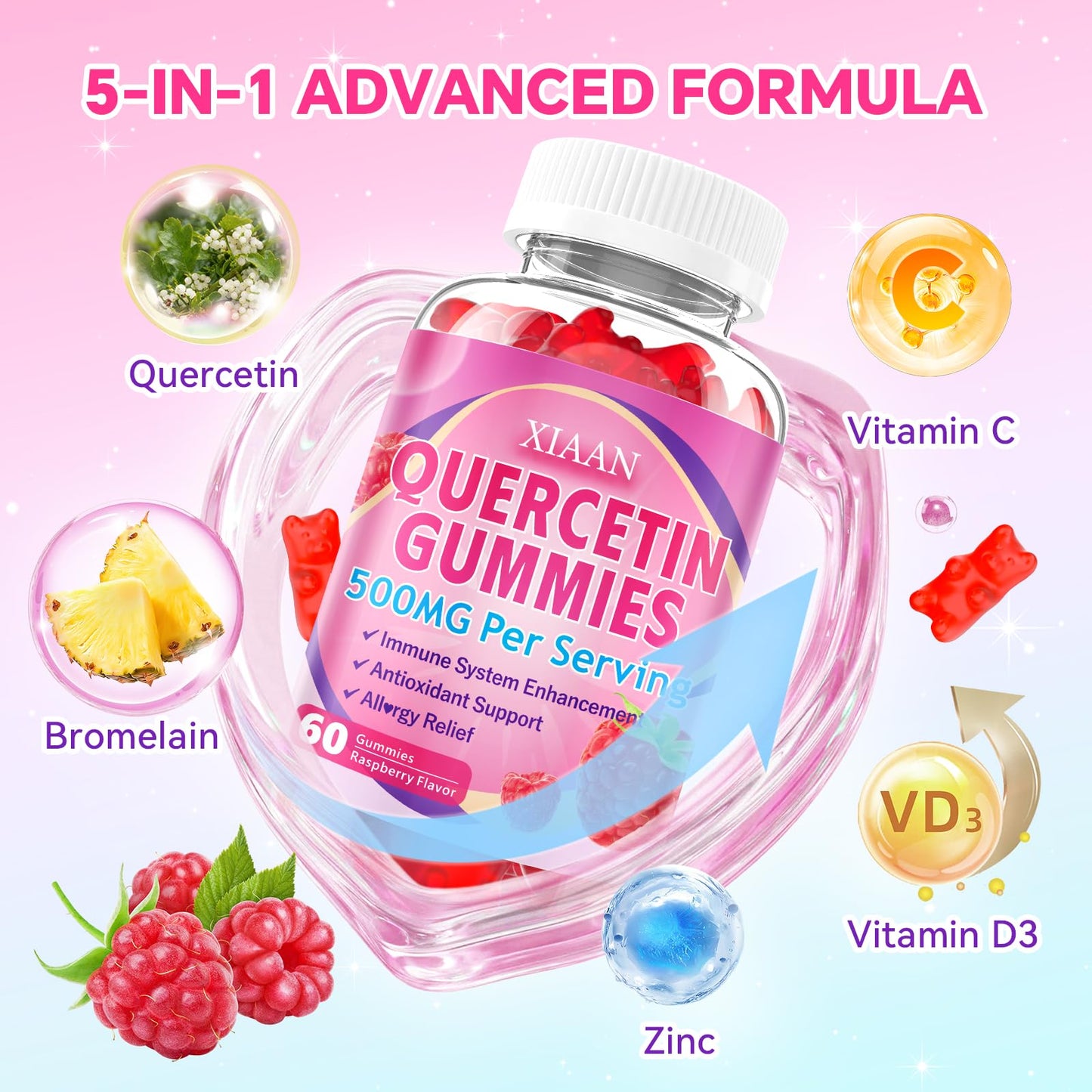 XIAAN Quercetin Gummies 500mg for Kids & Adults, Raspberry Flavor, 60 Count