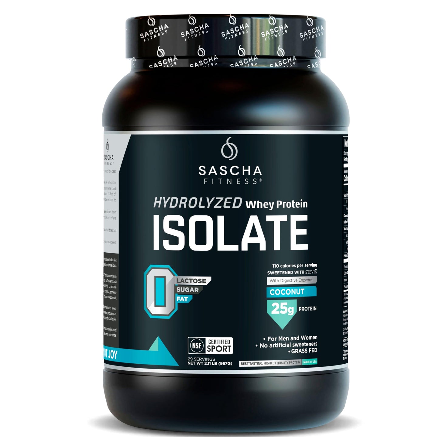 SASCHA FITNESS Hydrolyzed Whey Protein Isolate 100% Grass-Fed Powder, Coconut, 32 Servings
